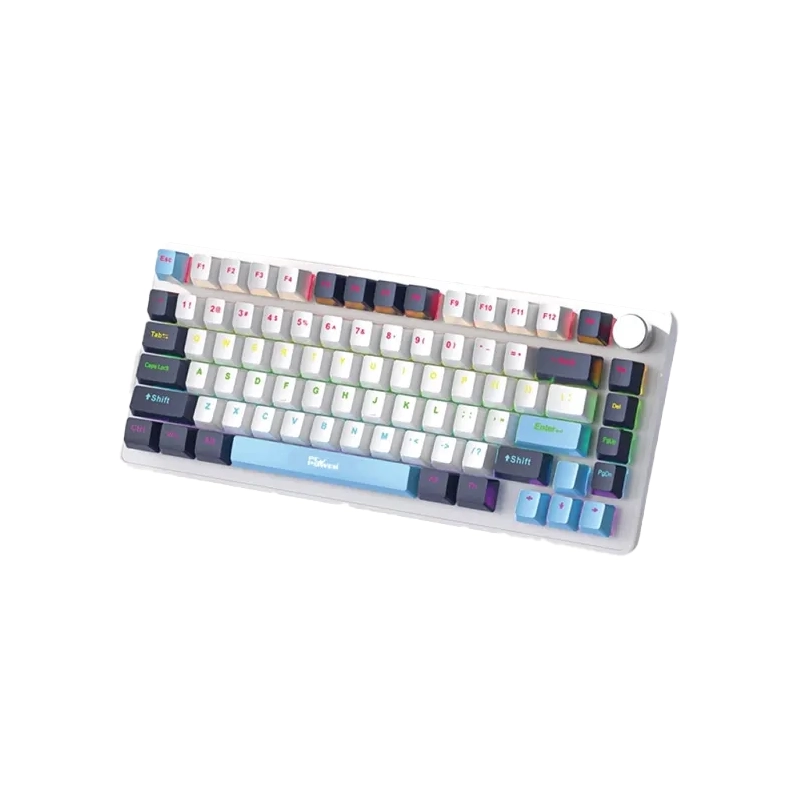 PC Power K82 mechanical gaming keyboard featuring RGB lighting and blue switches